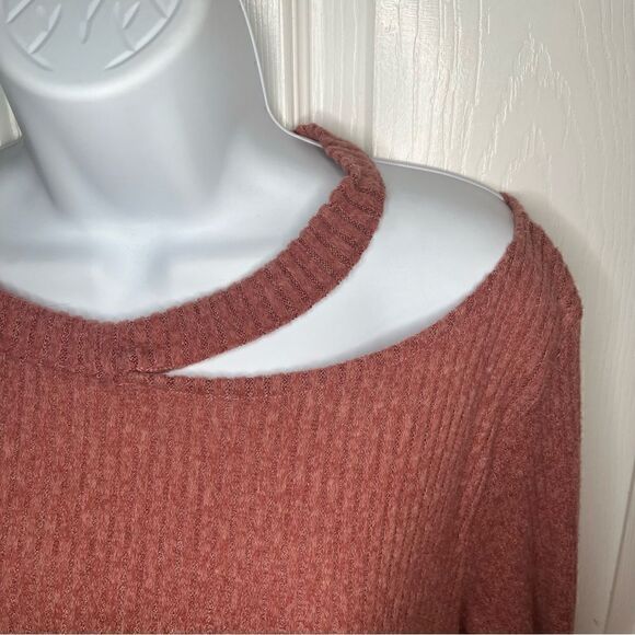 Cotton Emporium Ripped Neck Sweater Dress Cutout Swing Knit Mocha Pink M - Picture 6 of 10